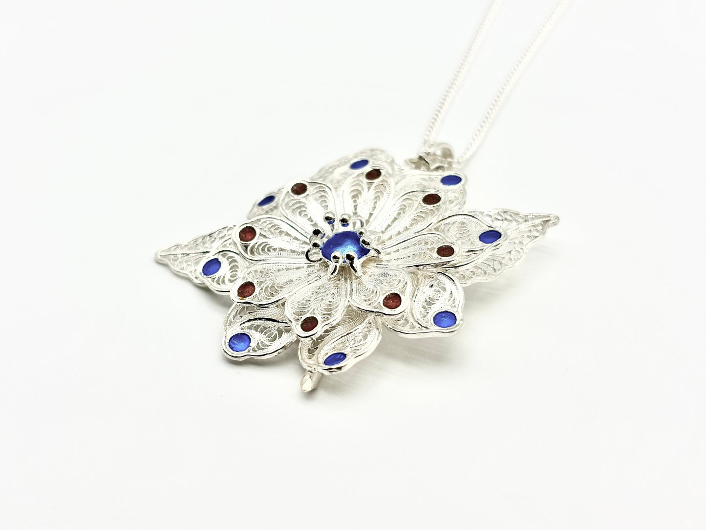 Enameled Red and Blue Flower Pendant