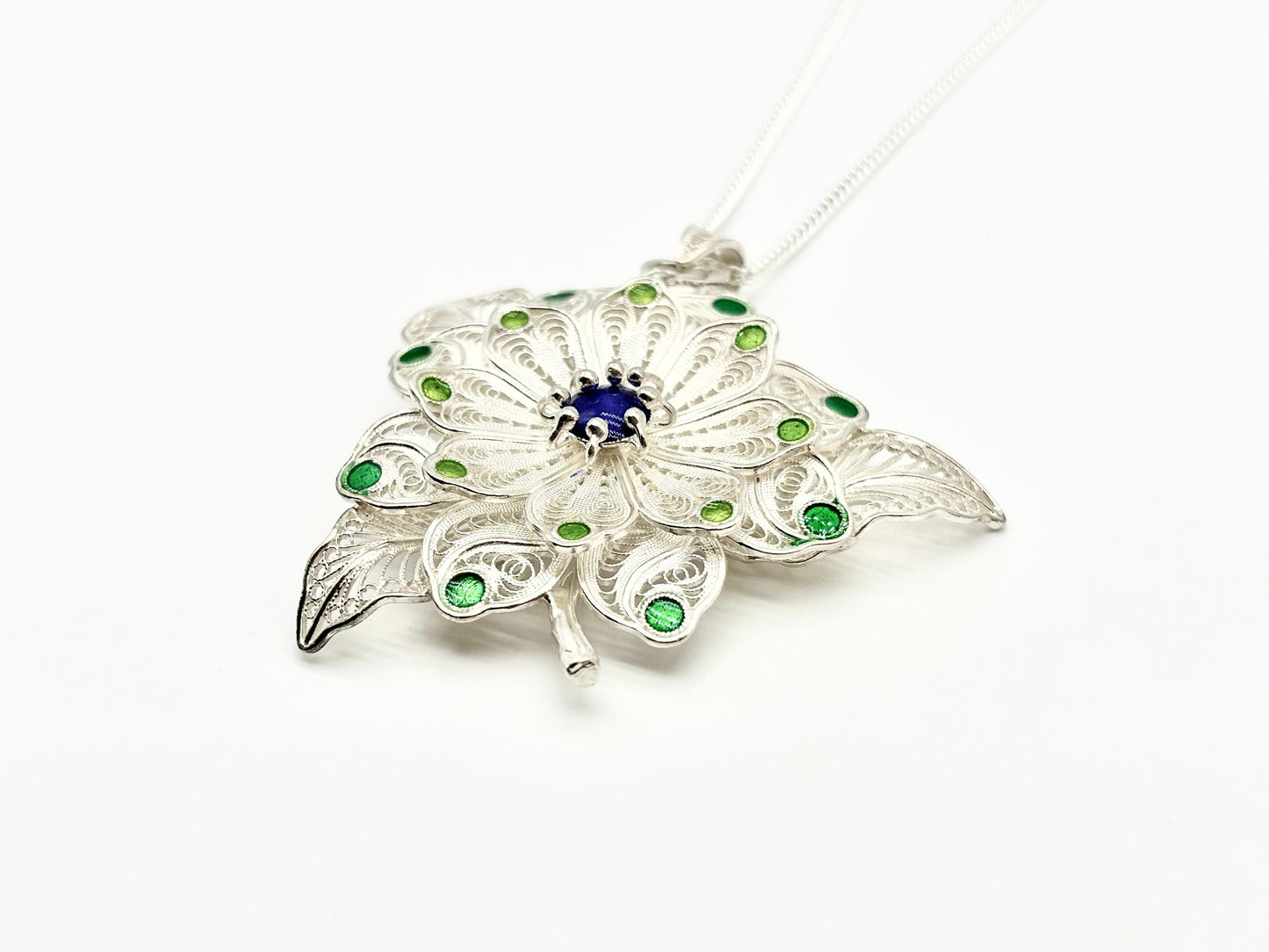 Enameled Green and Blue Flower Pendant