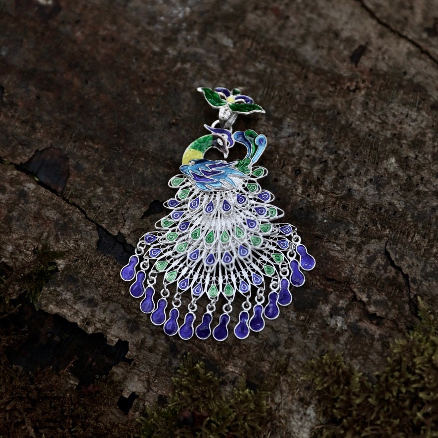 Enameled Peacock Lace Pendant