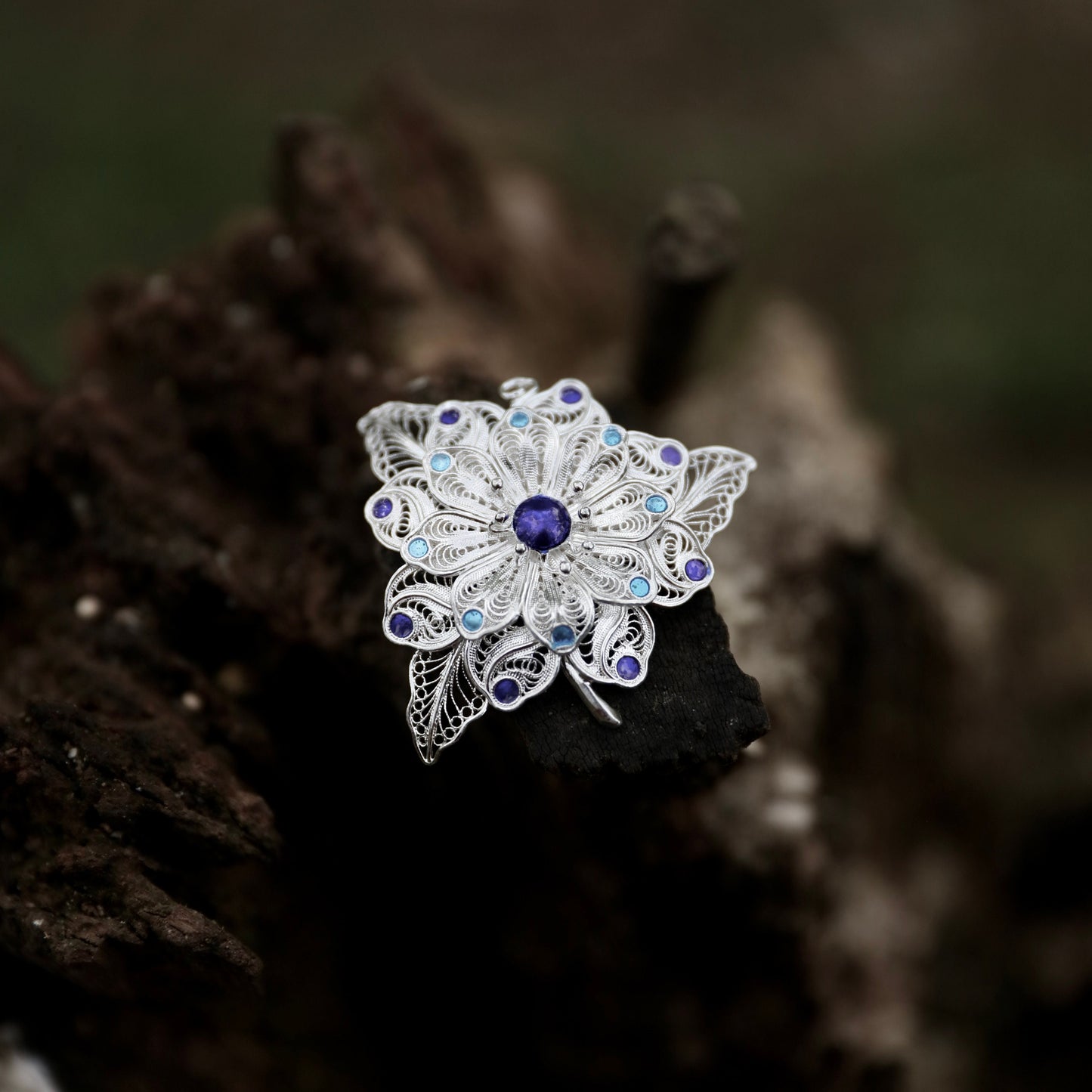 Blue Enameled Flower Brooch