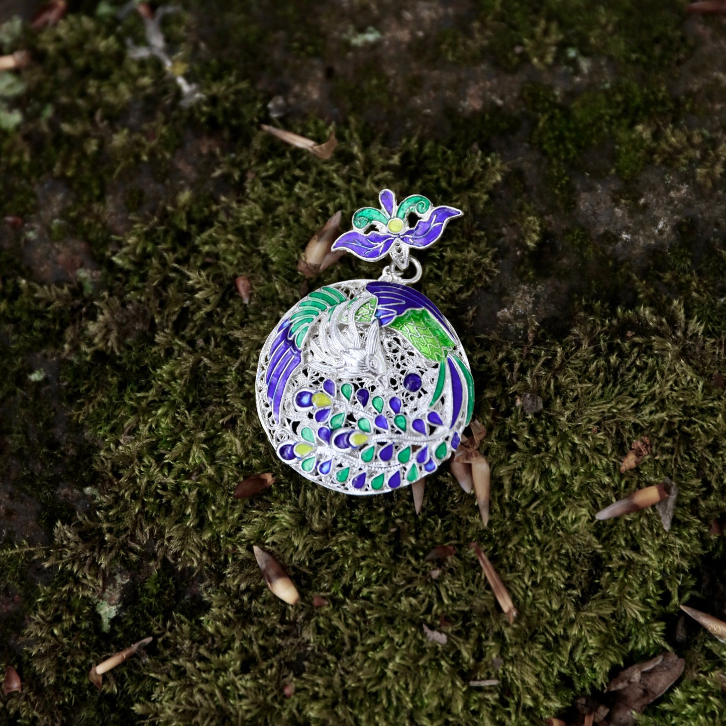 Round Shape Enameled Peacock Pendant