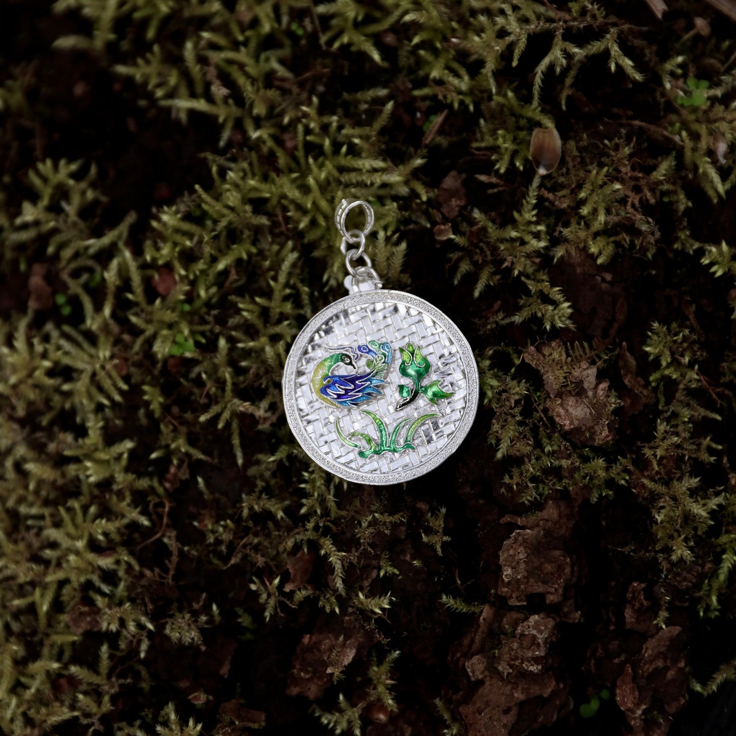 Round Peacock and Flower Pendant