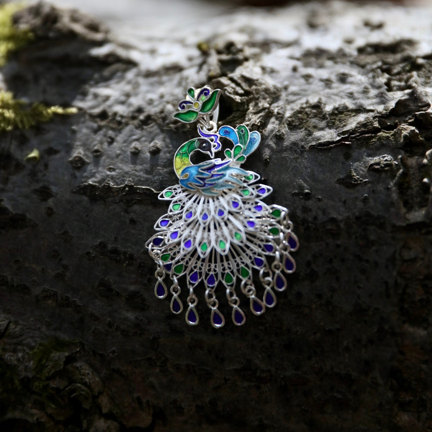 Blue Enameled Peacock Pendant