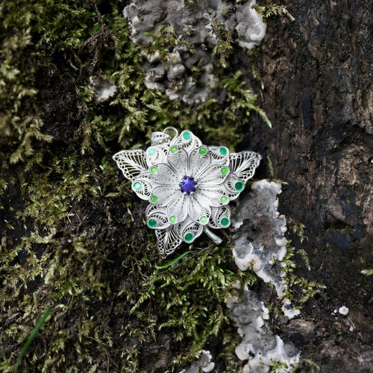 Enameled Green and Blue Flower Pendant