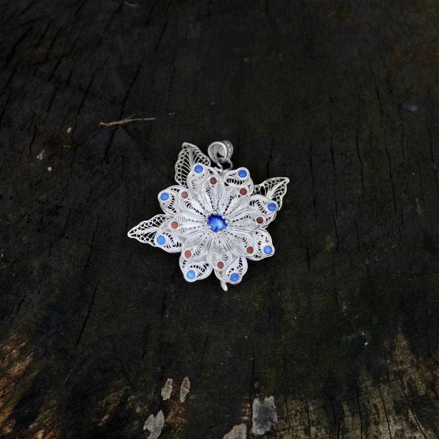 Enameled Red and Blue Flower Pendant